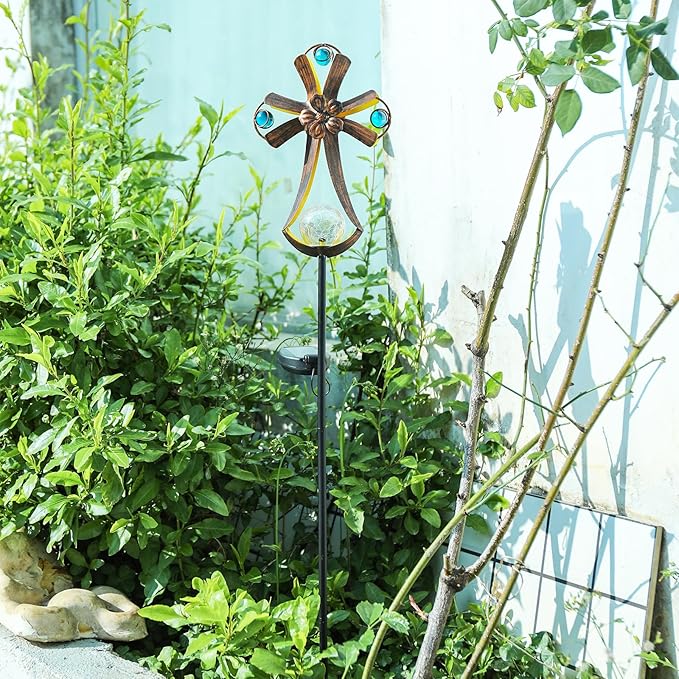 VCUTEKA Solar Garden Lights Cemetery Metal Flower Decor Colorful Solar Pathway Light with LED Cracked Crystal Ball Outdoor Decorative Stake for Patio Yard Lawn Garden Decor (Cross)