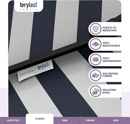 Midtown Umbrellas 10-Year-No-Fade - 9 Ft - UV Proof Navy Stripes Polyester Fabric - Umbrella Outdoor Patio, Auto-Tilt Aluminum Frame Patio Umbrella for Garden, Pool & Deck - Black Pole