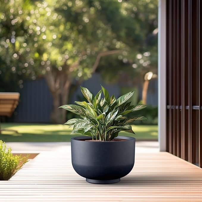 Kante 17.7 Inch Dia Concrete Bowl Planter, Large Tapered Bottom Plant Pot with Drainage, Smooth Charcoal Finish with Warm Brown Interior, Ideal for Porch, Home, Garden, Patio