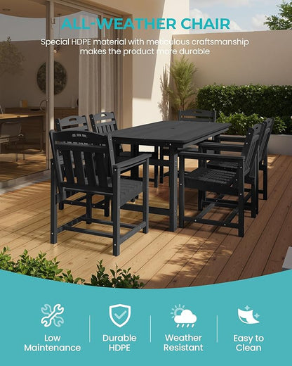HDPE Outdoor Patio Dining Set with Table & 6 Chairs, All-Weather 7-Piece Outdoor Table and Chairs, 2" Umbrella Hole, Patio Furniture for Garden, Backyard, Deck | Matte Black