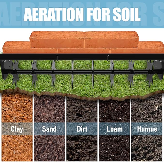RQR 31 Inch Tow Behind Spike Aerator, Soil Penetrator Spikes Tractor, Heavy-Duty Core Aerator Tool, Manual Lawn Aerator, Plug Aerator with Universal Hitch, Rolling Aerator