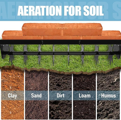 RQR 31 Inch Tow Behind Spike Aerator, Soil Penetrator Spikes Tractor, Heavy-Duty Core Aerator Tool, Manual Lawn Aerator, Plug Aerator with Universal Hitch, Rolling Aerator