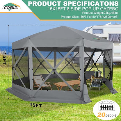 COBIZI 15x15ft Extra Large Pop-Up Gazebo Canopy Tent with Mosquito Netting, Spacious Easy Set-Up Screened Shelter, Durable Outdoor Pavilion with Ground Stakes, Perfect for Patio, Backyard,Gray