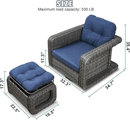 Patio Glider Swivel Rocker Sets: 3piece Patio Furniture Sets, 360° Swivel Rocking with Ottoman, Rust-Resistant Cushion -Perfect for Backyard/Deck/Porch/Balcony Decors- Gray Wicker, Blue (Chair+Table)