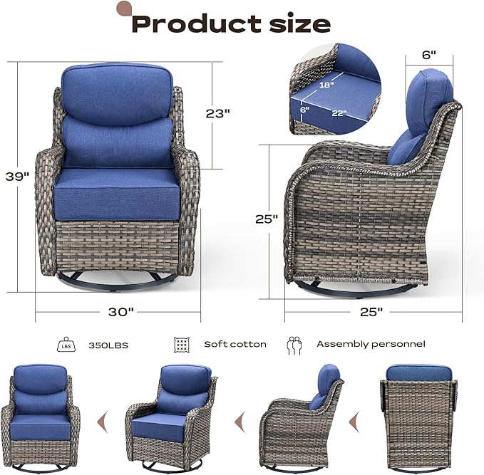 Rilyson Outdoor Patio Swivel Rocker Chairs Set of 2, Waterproof Wicker, High Back, Deep Seating, Wide Armrest, Upgraded 6 inch Thick Cushions, Ideal for Deck Porch Backyard, Mixed Grey/Blue