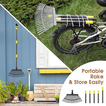 Leaf Rake 18” Wide Heavy Duty Metal 25 Tines Garden Rake Set with 30-75” Adjustable Long Handle for Yard Grass Shrub Mulch Including 32Gallon Garden Bag Leaf Scoops