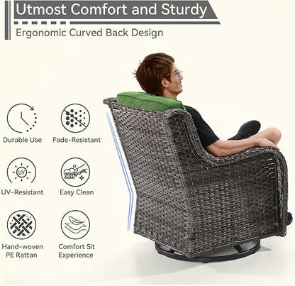 2 Pieces Outdoor Swivel Rocker Patio Chairs Set - Outdoor Wicker Patio Conversation Sets with 1 Side Table, Olefin Fabric Cushions Suitable for Backyard Deck and Porch, Green