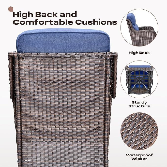 Rilyson Wicker Outdoor Patio Furniture Set - 5 Piece Patio Conversation Sets with Swivel Rocker Chairs, Ottomans and Side Table, 6 inch Cushions, Waterproof Wicker, for Porch Deck Brown/Blue