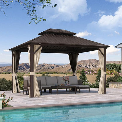 PURPLE LEAF 10’ X 12’ Outdoor Hardtop Gazebo Metal Frame Galvanized Steel Double Roof with Curtains and Nettings for Patio Desk Backyard Bronze