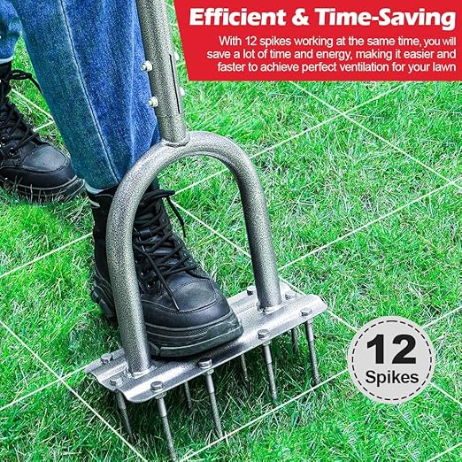 Lawn Aerator Tool, 43.3" Pre-Assembled Lawn Aerator with 12 3.5" Lengthened Iron Spikes, Efficient Manual Grass Spikes Aerator for Yard Aerating, Garden Tools, Easy to Use