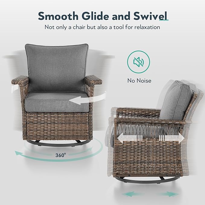 6 Pieces Wicker Patio Furniture Set - Hollow Widen Armrests Outdoor Swivel Glider Chairs and 3 Seat Sofa with Coffee Table & Ottomans for Balcony Porch Deck and Yard - Brown/Gray