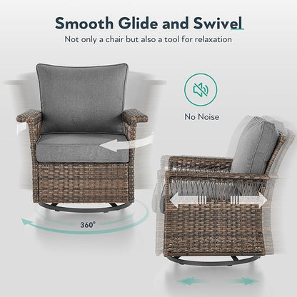 6 Pieces Wicker Patio Furniture Set - Hollow Widen Armrests Outdoor Swivel Glider Chairs and 3 Seat Sofa with Coffee Table & Ottomans for Balcony Porch Deck and Yard - Brown/Gray