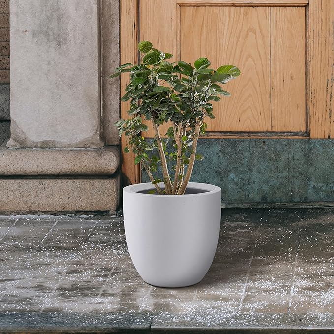 Kante 10 Inch Dia Round Concrete Planter, Indoor Outdoor Large Plant Pot with Drainage Hole and Rubber Plug for Home Patio Garden, Pure White