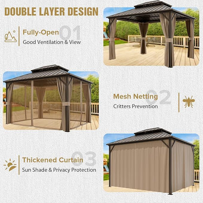 COOS BAY 12x10 Hardtop Gazebo with Aluminum Frame, Galvanized Steel Double Roof Outdoor Pavilion with Netting and Curtains, Dark Brown/Tan