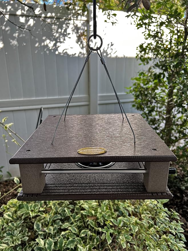 DutchCrafters Poly Gilbertson Large Covered Blue Bird Feeders for Outdoors Hanging, Bluebird Feeder for Mealworms - Amish USA Made (Milwaukee Brown & Weatherwood)