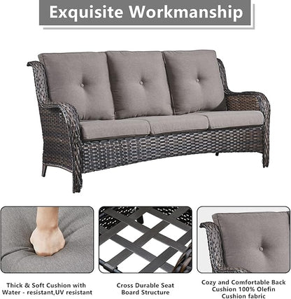 Outdoor Wicker Patio Furniture Set - 6 Piece Rattan Patio Conversation Set with 2 Rocking Swivel Chairs,2 Ottomans,1 Sofa and 1 Side Table for Porch Deck Backyard Garden(Brown/Grey)