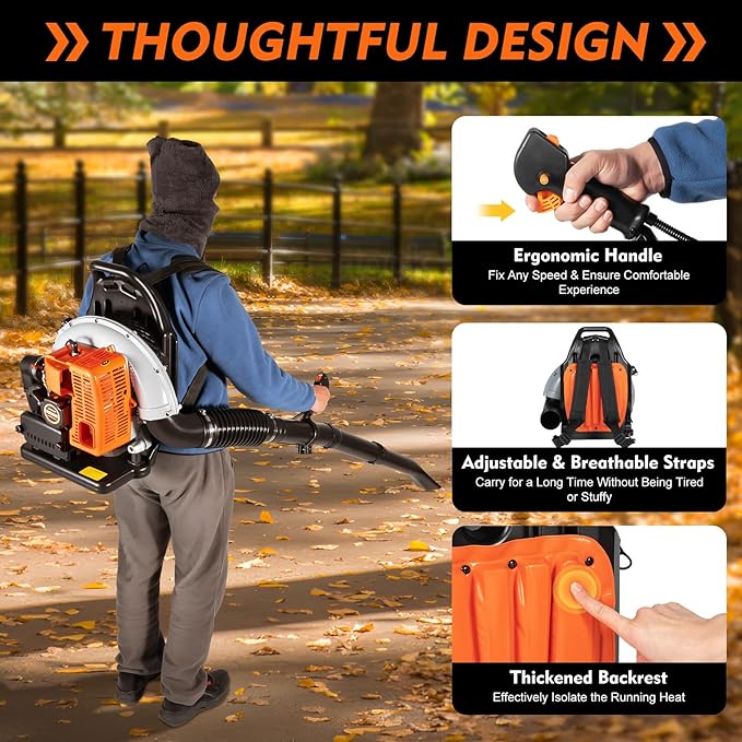 63CC Backpack Gas Powered Leaf Blower, Commercial 2.7kW 850CFM 4.3HP 2-Stroke Powerful Lightweight Gasoline Grass Lawn Blower with Harness Air-Cooled & 1.8L Fuel Tank for Yard Lawn Care, Snow Removal