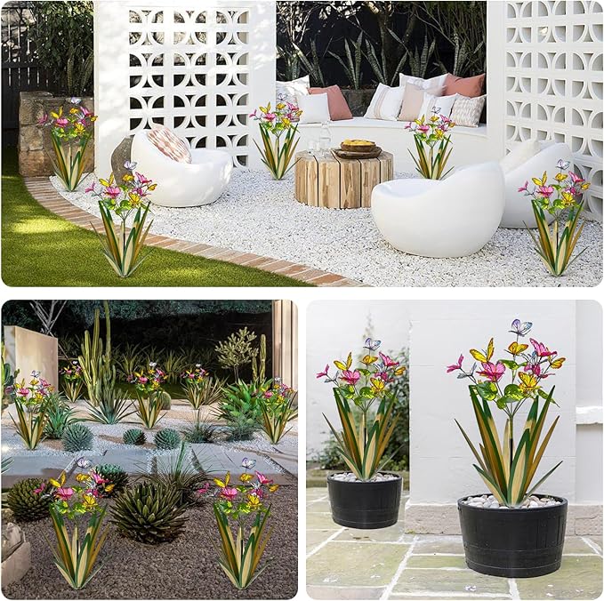 TOMBABY Garden Outdoor Butterfly Enlarge Thickened Wind Resistant Metal Agave Garden Art Metal Plant Country Sculpture Statue Decorations Ornaments Artificial Waterproof lieslight Green 3pcs