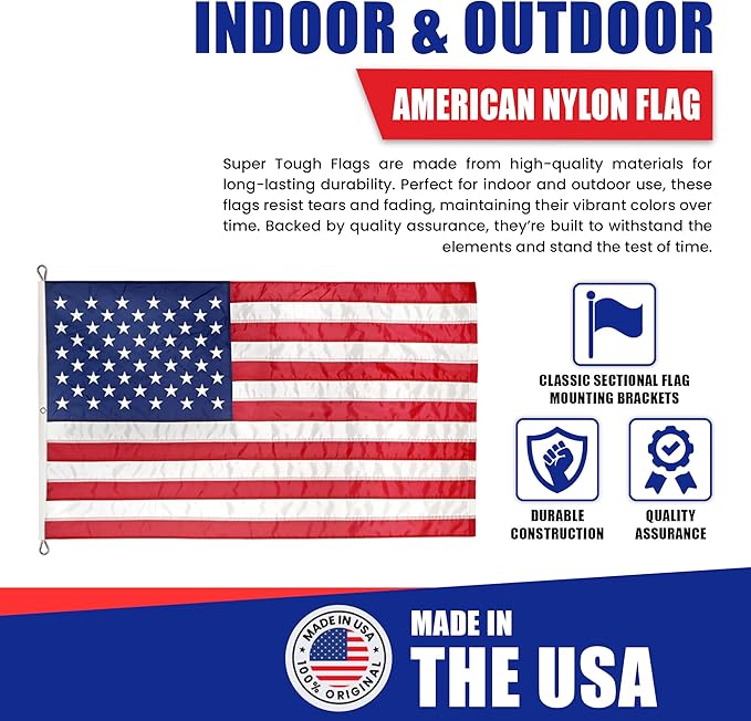 Super Tough 10ft x 15ft Nylon American Flag, Made in the USA, Embroidered Stars, Sewn Stripes