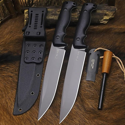 BA-KOR 5mm (9CR18MOV) steel 12.4" full tang hunting knife+K sheathing &5.9" cerium igniter Suitable for outdoor hunting, camping, wilderness survival, outdoor rescue, barbecuing, fishing, and as a gift