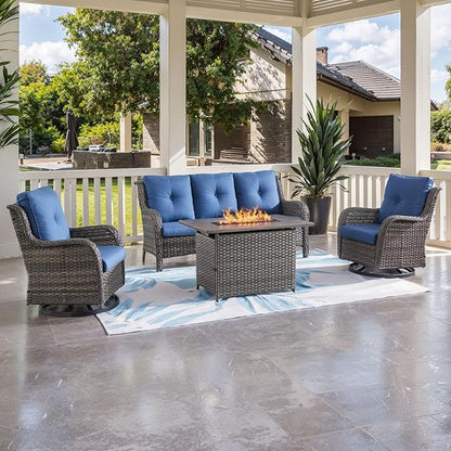 HUMMUH 6 Pieces Patio Furniture Set with Fire Pit Table Outdoor Conversation Set PE Wicker Patio Couch Swivel Glider Chairs Ottomans for Balcony Garden,Lawn,Deck