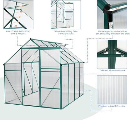 Favfurish 6x8FT Polycarbonate Walk-in Greenhouses, Heavy Duty Hobby Green House, Storage Shed with Sliding Doors & Adjustable Roof Vent, Aluminum Sunroom Hot House for Outdoor Garden Backyard