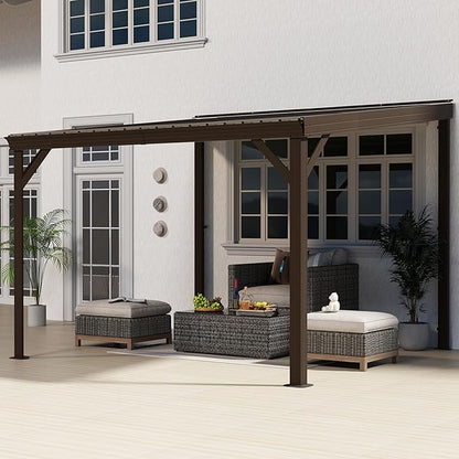 Domi 10'x10' Lean to Gazebo Hardtop, Expandable Wall Mounted Pergola with Gutters & Galvanized Steel Roof, 60MPH Wind Resistance, Outdoor Heavy Duty Metal Awning for Patio, Deck, Backyard - Brown