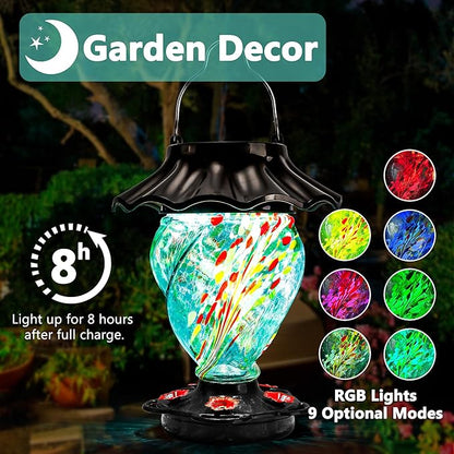 LUJII Solar Powered Hummingbird Feeder for Outside, Hand Blown Glass, 35 fl.oz, Never Leak, Waterproof, Metal Base Top, Lighted Lantern for Garden Decoration, Unique Gift for Bird Lovers, Teal