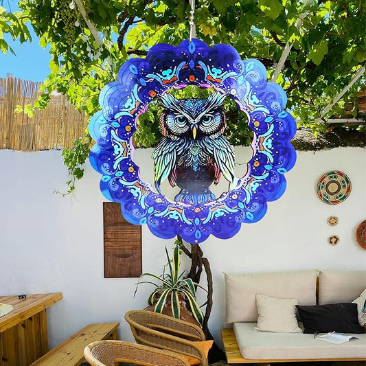 Wind Spinners Owl Arts12 inch 3D Stainless Steel Laser Cut Metal Art Geometric Pattern Wind Sculpture Hanging for Yard Garden Decorations Gifts Indoor Outdoor