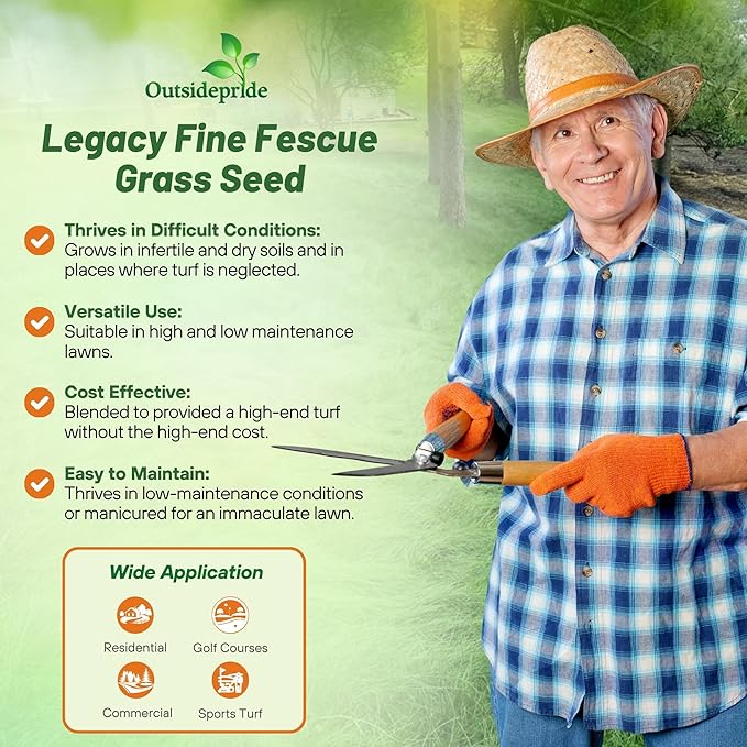 Outsidepride Legacy Fine Fescue Grass Seed Mix - 10 lbs. Shade & Sun Tolerant Blend of Hard Fescue, Chewings Fescue & Creeping Red Fescue with OptiGrowth Coating for Better Establishment