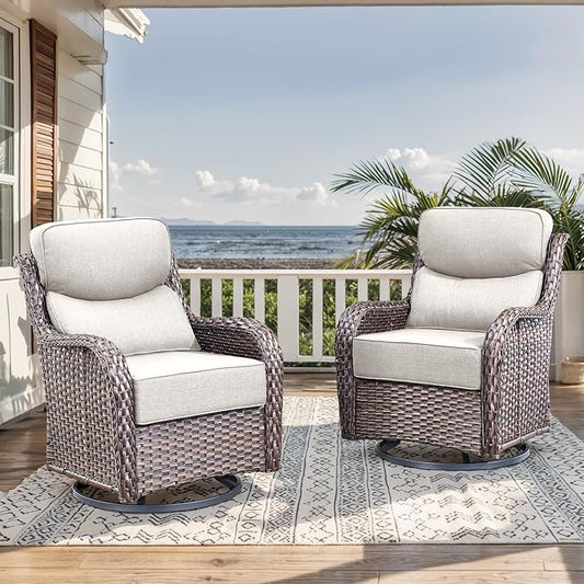 HUMMUH Outdoor Patio Wicker Swivel Rocker Chairs Set of 2 with 6-Inch Thick Cushion High Back Wicker Conversation Set for Porch Balcony Deck