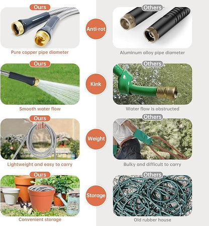 Stainless Steel Garden Hose 100 ft Heavy Duty Metal Water Hoses with 10 Function Water Hose Nozzles for Yard Outdoor