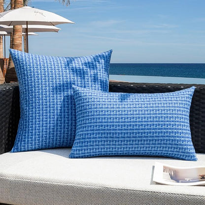 Kevin Textile Outdoor Waterproof Throw Pillow Covers Pack of 2 Farmhouse Decorative Cushion Covers for Garden Patio Tent Balcony Bench Couch Sofa 20x20 Inch, Blue