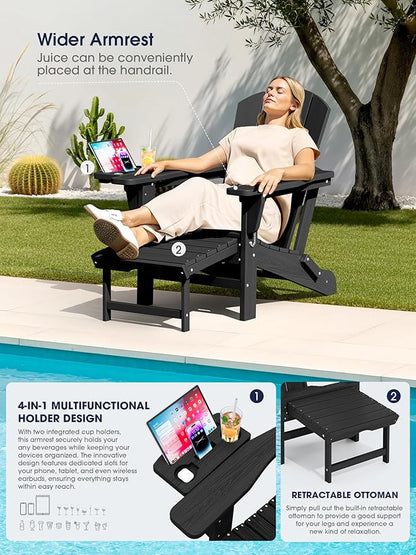 KINGYES Adjustable Folding Adirondack Chair with Footrest & 4-in-1 Multi-Functional Armrest Organizer Set of 4, HDPE Foldable Reclining Adirondack Chair with Pull-Out Ottoman, Black