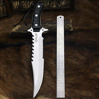 BA-KOR (15.8 inches) 5mm full Tang 9CR18MOV steel nylon fiber handle Bowie knife + sheath + (5.9 inches) cerium element striker, suitable for outdoor hunting, camping, survival, and daily carry of tools. (Sanding I (Half Teeth))