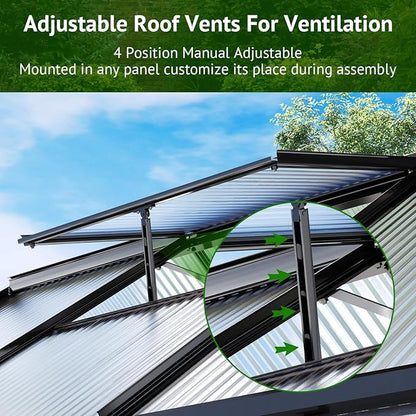 12x6ft Polycarbonate Greenhouse, Heavy Duty Walk-in Aluminum Greenhouse for Outdoors, Garden, Backyard, with Ventilation Window, Rain Gutter, Sliding Door