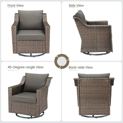 Outdoor Wicker Patio Furniture Set - 5 Piece Outside Rattan Conversation Bistro Dining Chair Sets with Rocking Swivel Chairs, Ottomans and Side Table for Porch Yard Balcony – Brown/Grey