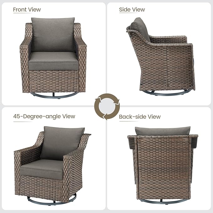 Outdoor Wicker Patio Furniture Set - 5 Piece Outside Rattan Conversation Bistro Dining Chair Sets with Rocking Swivel Chairs, 3-Seat Couch and Ottomans for Porch Yard Balcony – Brown/Grey