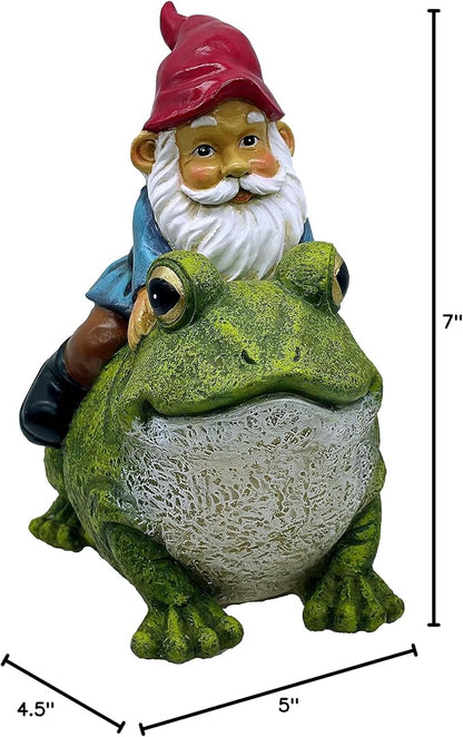 Garden Gnome Riding on Frog, Outdoor Garden Gnomes, Lawn Gnome Statue Sculpture
