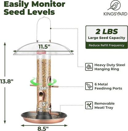 Kingsyard Metal Bird Feeders for Outdoors Hanging, Wild Bird Feeder for Finch Cardinal, Large Tray and Rainproof Dome, 2 lbs Seeds Capacity (Antique Copper)