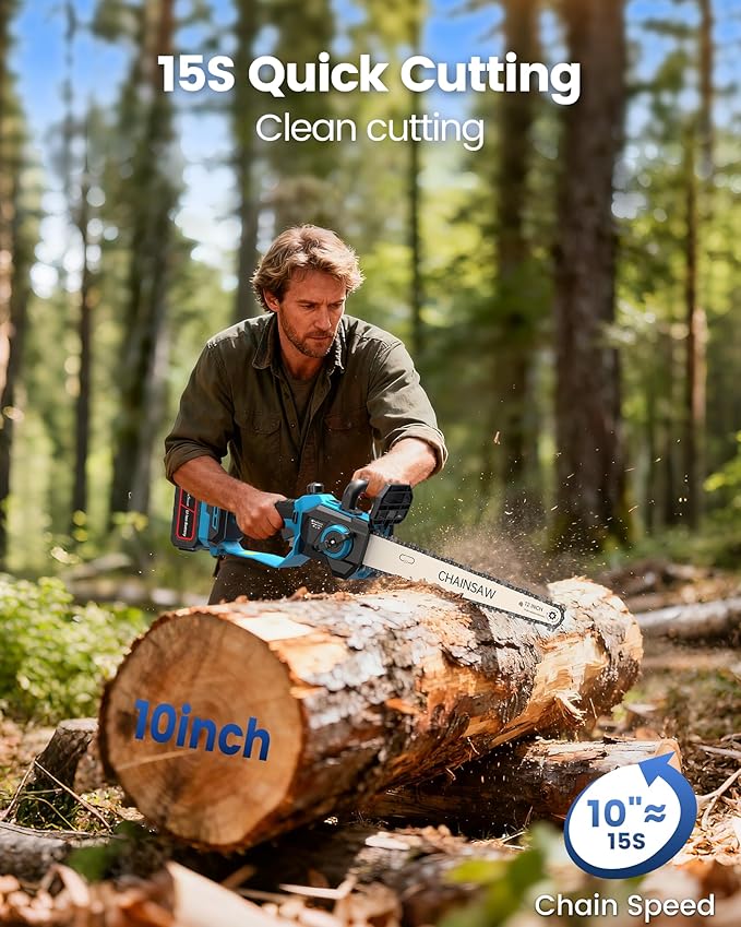 Chainsaw Cordless 12 Inch,Electric Chain Saw with 2pcs 4000mAh Rechargeable Batteries,Battery Powered Handheld Saw for Trees Trimming Wood Cutting,Perfect Gardening Tools for Thick Branches and Logs