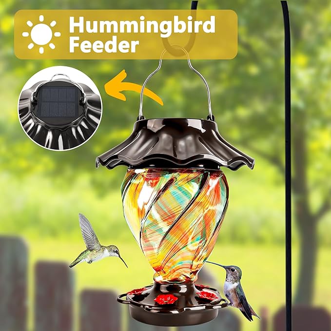 LUJII Solar Powered Color Changing Hummingbird Feeder for Outdoors Hanging, Hand Blown Glass, 35 fl.oz, Leakproof, Illuminated Lantern for Garden Decor, Gift for Bird Lover, 5 Metal Perches, Ribbon