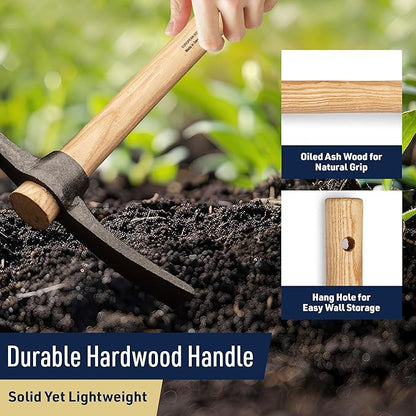 16” Hand Pick Axe - Forged Steel Pickaxe for Digging, Loosening Soil, or Weeding Tool - Dual Headed Adze Garden Hoe and Pick Mattock Digging Tool with Wood Handle by Kings County Tools