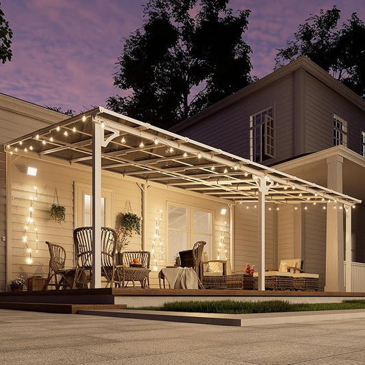 MEISSALIVVE Wall Mounted Lean to Metal Awnings - 12' x 20' White Sloped Roof Gazebo Pergola for Backyard Deck Patio, White