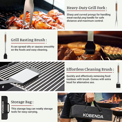 BBQ Grill Tools Set, Stainless Steel Grilling Set with Storage Bag, Spatula, Fork, Cleaning Brush Grill Set, Grill Accessories for Outdoor Cooking Camping, Grilling Gifts for Men