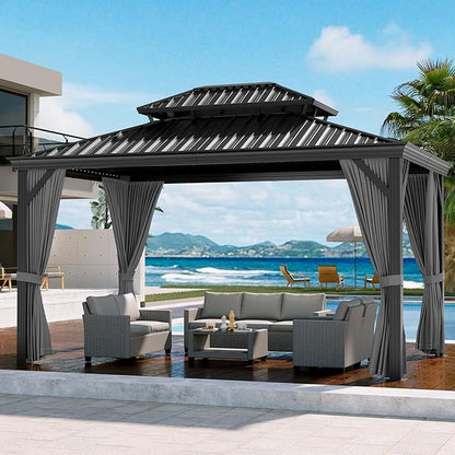 Outdoor Hardtop Gazebos 12 x 12 ft Permanent with High Strength Aluminum Frame, Double-Roof, Pavilion with Curtain and Netting for Patio, Lawn, Deck, Garden (Darkgrey, 12x12 ft)