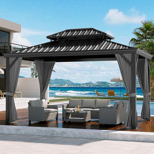Outdoor Hardtop Gazebos 12 x 12 ft Permanent with High Strength Aluminum Frame, Double-Roof, Pavilion with Curtain and Netting for Patio, Lawn, Deck, Garden (Darkgrey, 12x12 ft)