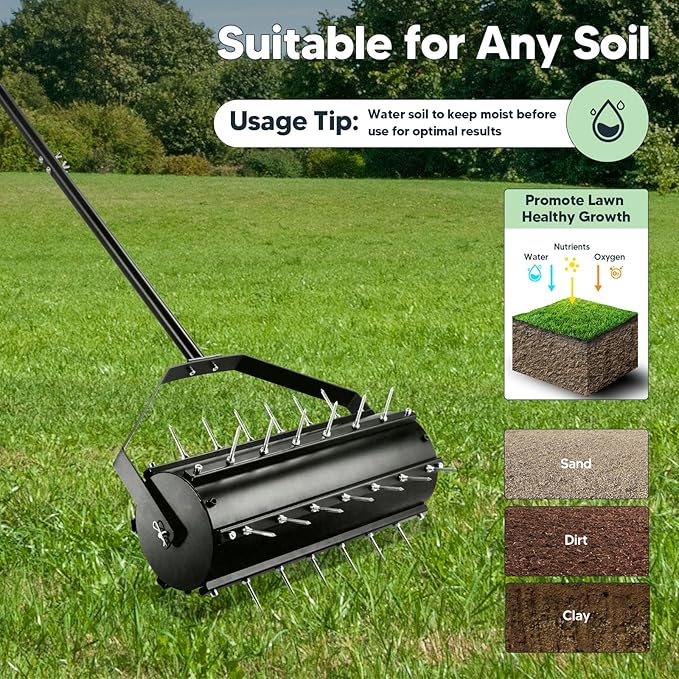 Uranshin Rolling Lawn Aerator Tool, Heavy Duty Manual Push Aerator Lawn Tool with 39 Pre-Attached Spikes and 70" Adjustable Handle, Lawn Spike Aerator Roller Suitable for Lawn, Garden and Yard