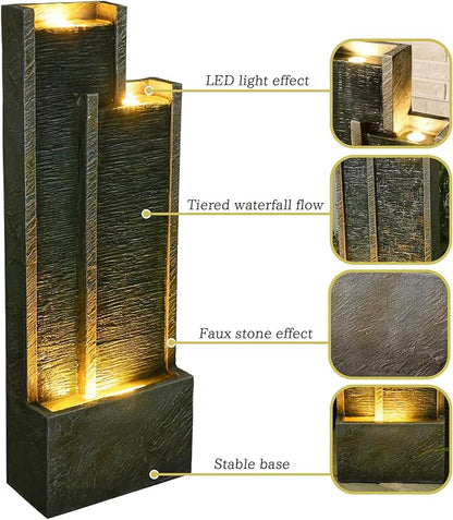 35.4" H Modern Indoor Outdoor Waterfall Fountain with Gentle Sound, Resin Garden Water Fountain Outdoor with Lights, Black Stream Panel Floor-Standing Garden Feature for Patio, Balcony, or Home Decor
