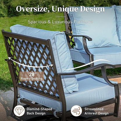 5 Piece Metal Outdoor Patio Furniture Sets, Patio Conversation Sets 1 3-Seater Sofa, 2 Swivel Chairs, 2 Ottomans with 5.75" Thick Cushion, Black All-Weather Backyard Furniture, Blue